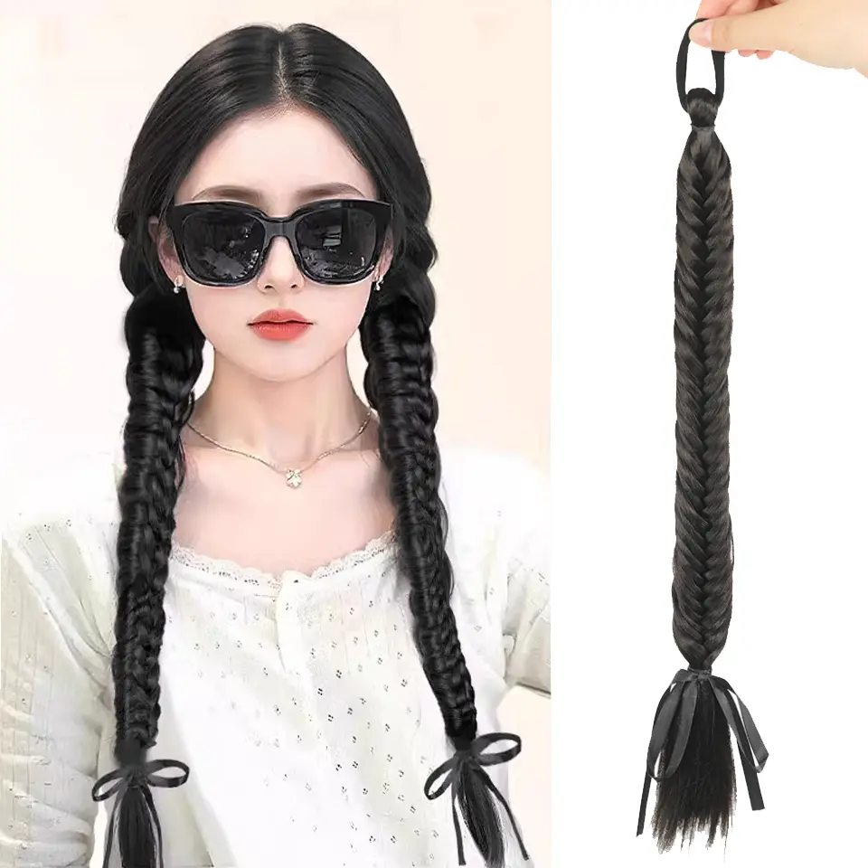LUPU 18 Inch Synthetic wig braid ponytail ribbon playful fishbone braid With Elastic Comfort Band For Women