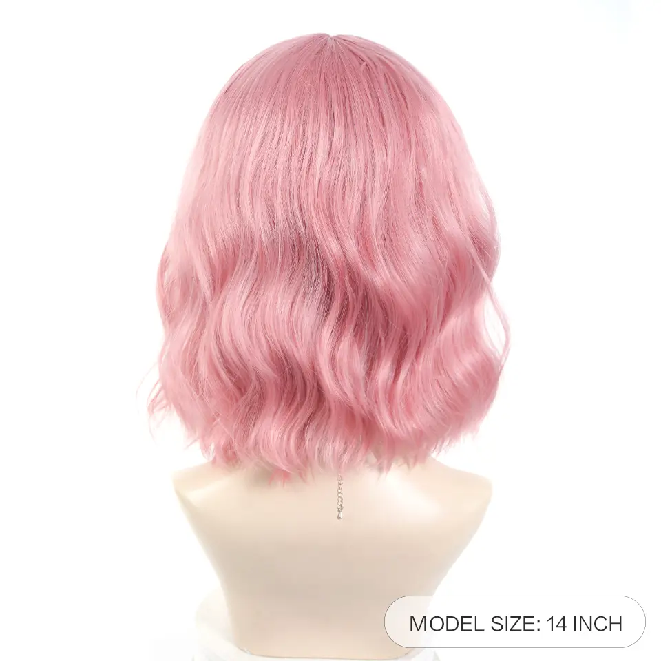 LUPU Short Wavy Pink Synthetic Wigs for Women 14 Inch Middle Part Shoulder Length Bob Wavy Pink Wig Cosplay Wig for Girl