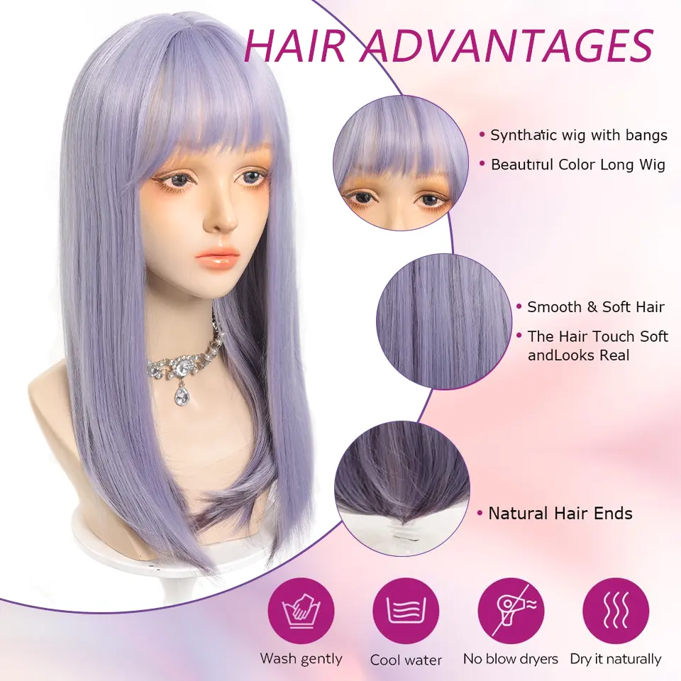 LUPU 24 Inch Purple Synthetic Straight Wigs， With Bangs Light Purple Heat Resistant Fiber Hair Wigs For Women Cosplay Party