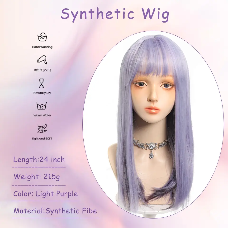 LUPU 24 Inch Purple Synthetic Straight Wigs， With Bangs Light Purple Heat Resistant Fiber Hair Wigs For Women Cosplay Party