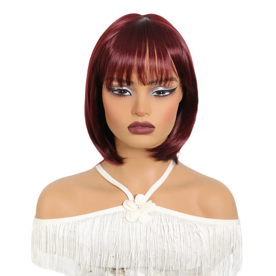 12 Inch Synthetic burgundy bob Straight hair with Bangs, Fashionable For Daily Use Party Cosplay Halloween For Music Festival