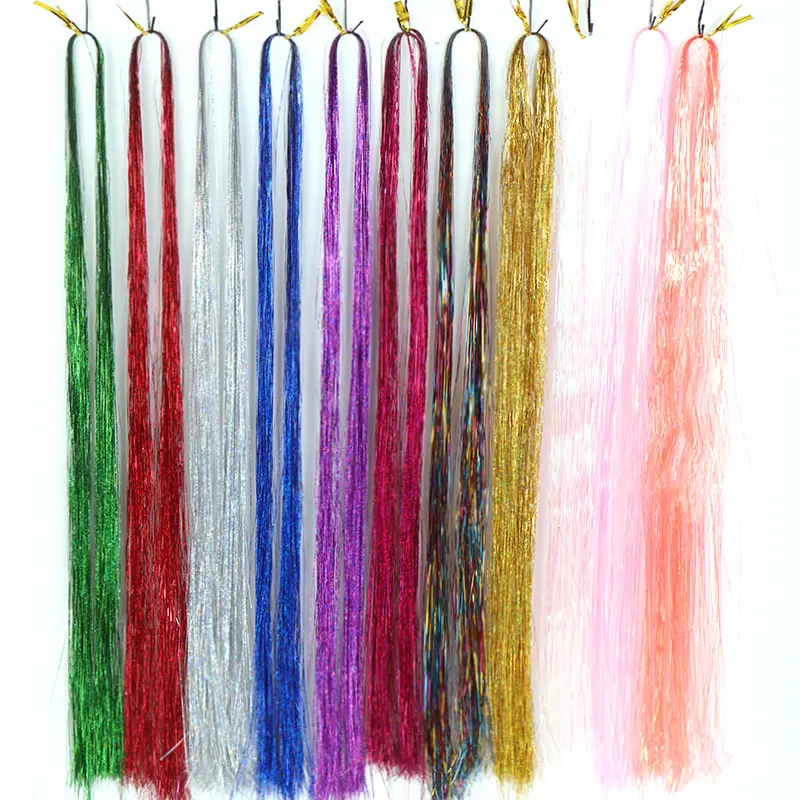 Synthetic Hair Tinsel Kit 48 inch Colourful Fairy Tinsel Hair Extensions Heat Resistant With Shiny Hair Accessories For Women
