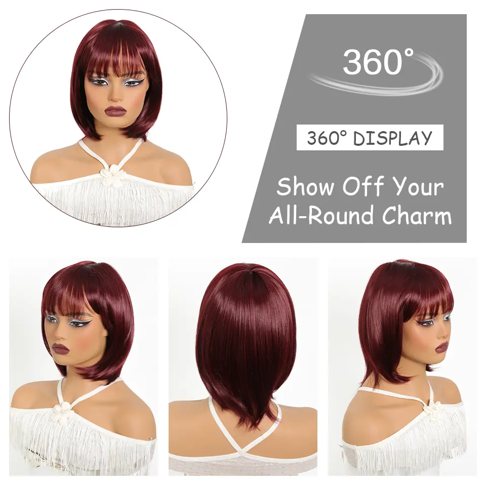 12 Inch Synthetic burgundy bob Straight hair with Bangs, Fashionable For Daily Use Party Cosplay Halloween For Music Festival