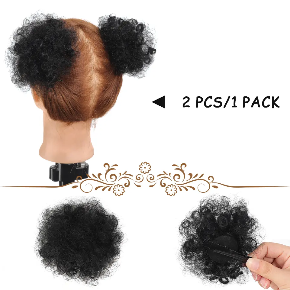 2 Pcs Small Size Synthetic Afro Puff Hair Buns Kinky Curly Hair Updo Donut Chignon for Girls Kids Children Babies Black Women