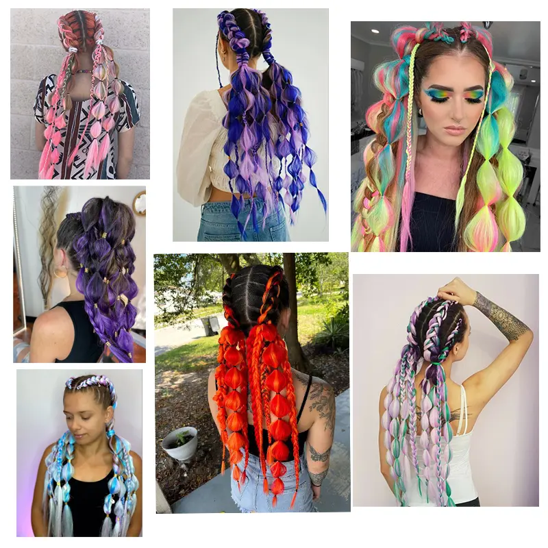 LUPU Synthetic Bubble Ponytail Colored Hair Extensions for Kids Women Festival Rave Ombre Crazy Hair Day Accessories Girls