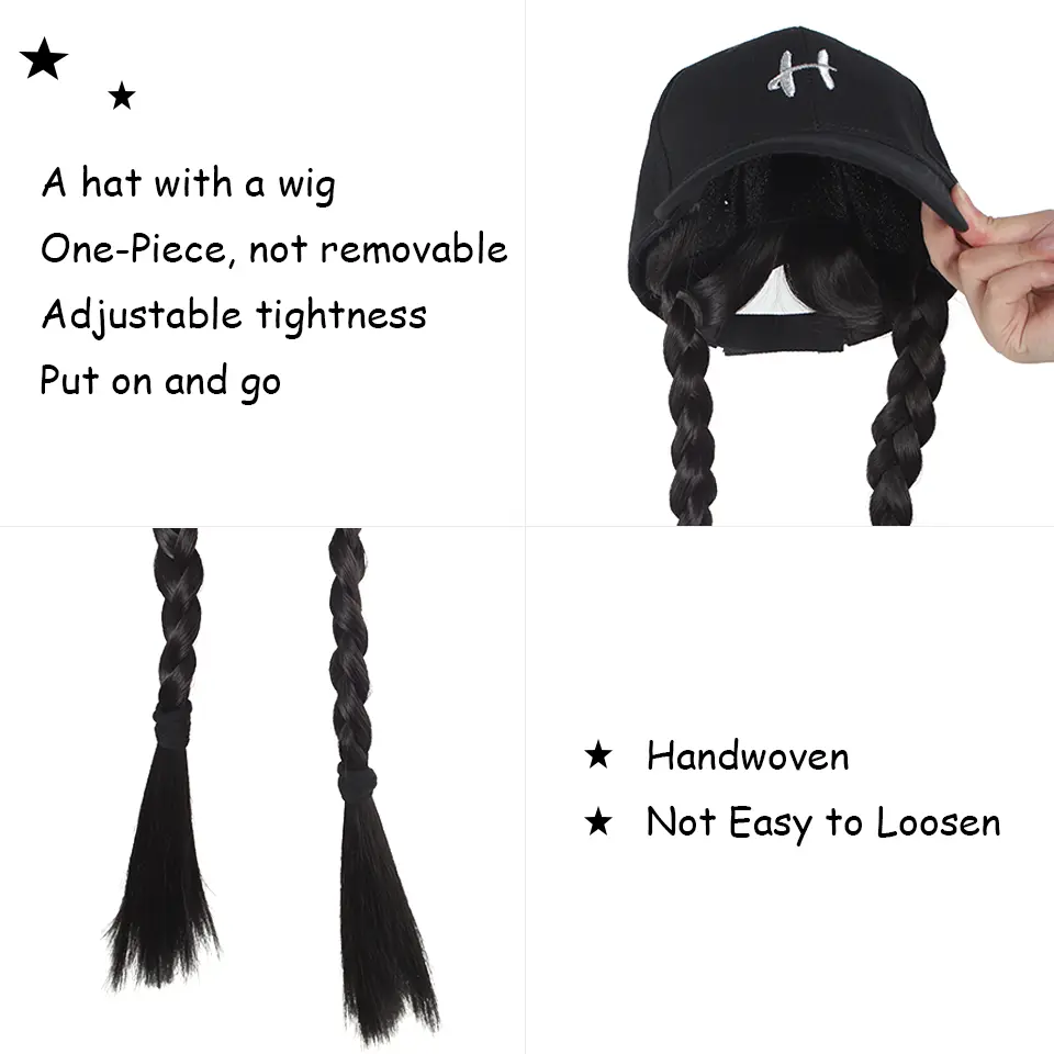 LUPU Synthetic Women's Black Baseball Cap with 16" Heat-Resistant Synthetic braided hair, for Cosplay, Everyday Hair Accessory