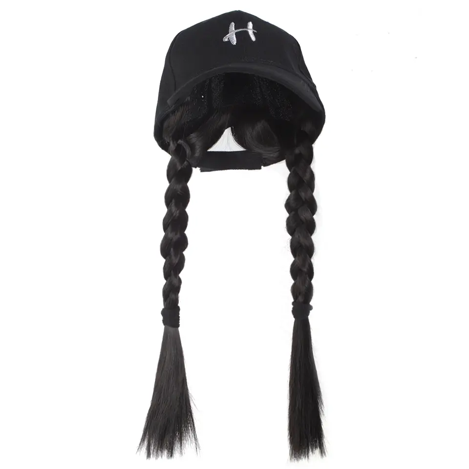 LUPU Synthetic Women's Black Baseball Cap with 16" Heat-Resistant Synthetic braided hair, for Cosplay, Everyday Hair Accessory