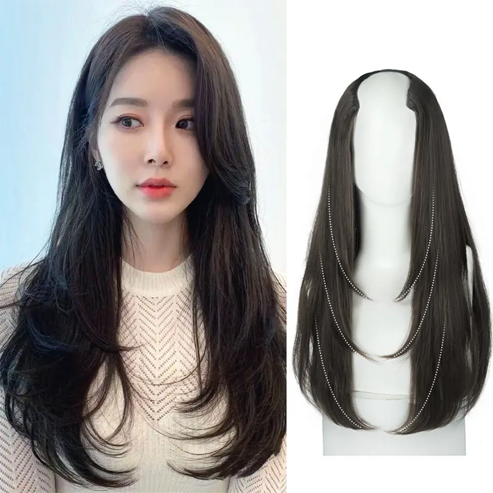 LUPU V-Shaped Long Layered Hair Extensions for Women - Deep Wave Synthetic Wig, Fluffy Top Increase Volume Hair Pad