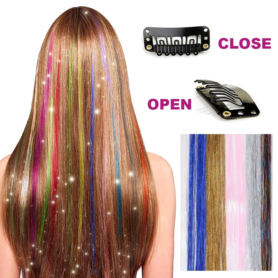 24 Inch Synthetic Clip In Tinsel Colored Hair Extensions For Girls For Party, Christmas, New Year, Halloween, Cosplay