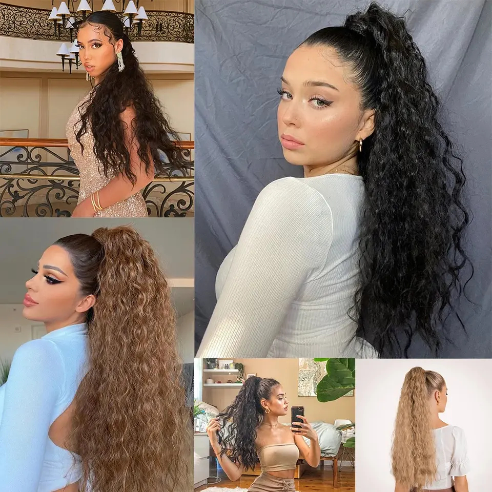 LUPU Synthetic Long Fake Hair Pieces Drawstring Ponytail Extensions Corn Curly For Women High Temperature Fiber Hair Extension