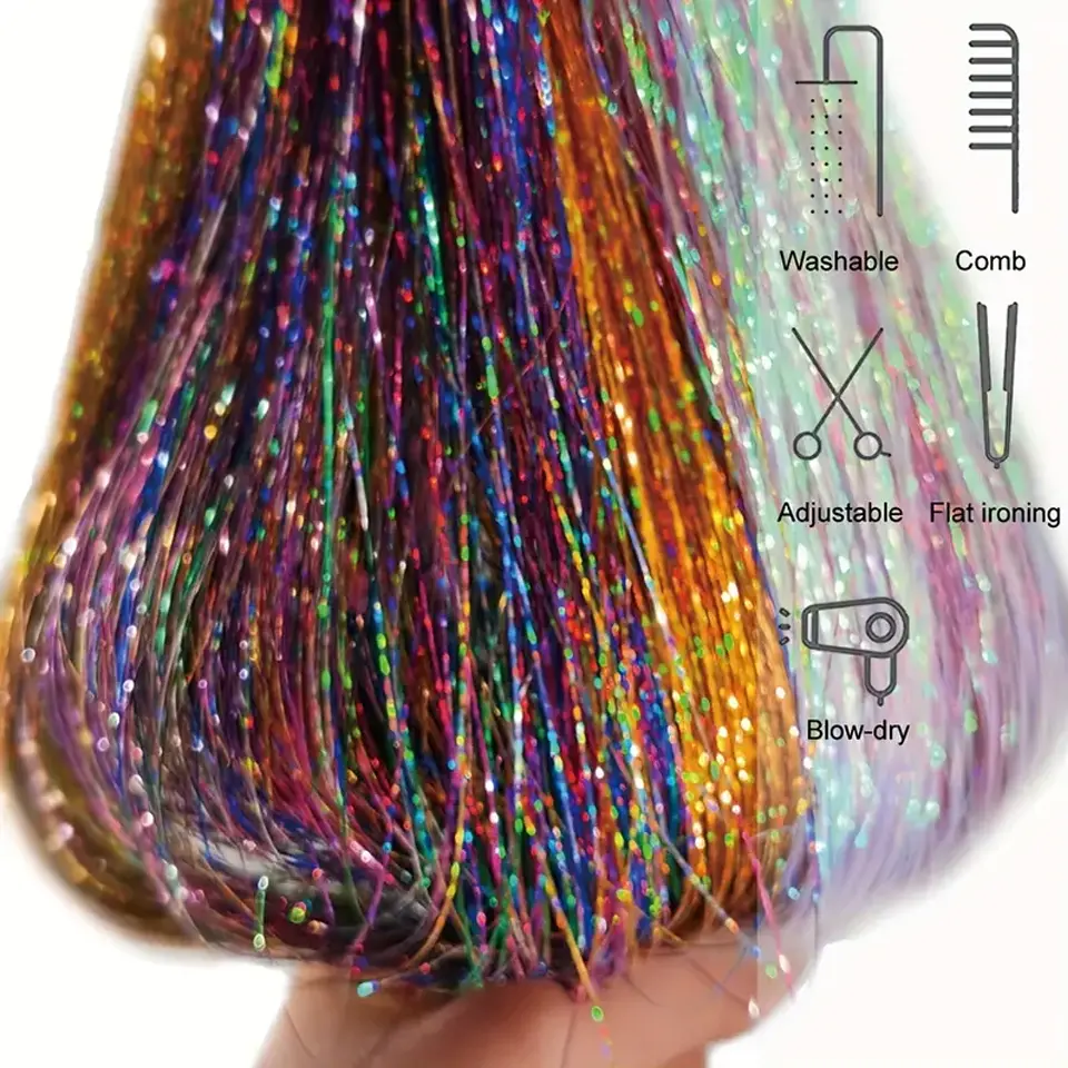 24 Inch Synthetic Clip In Tinsel Colored Hair Extensions For Girls For Party, Christmas, New Year, Halloween, Cosplay