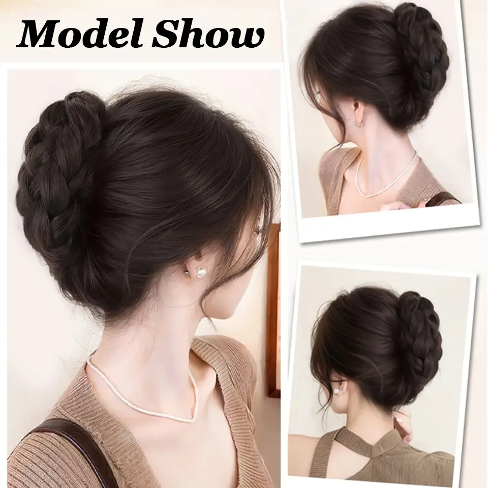 LUPU Synthetic Fried Dough Twists Ball Hair Bun Claw Clip Flower Bud Head Fluffy Dished Hair Back Head Wig Bag for Women
