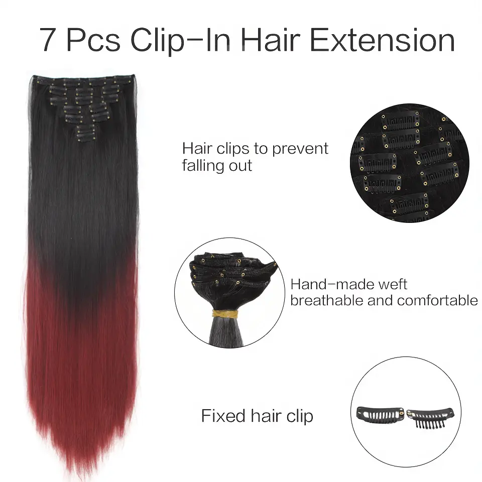 LUPU Synthetic Straight Clip in Hair Extension Black Red 24 Inch 7PCS Long Straight Hairpieces for Women Kids Girls Cosplay