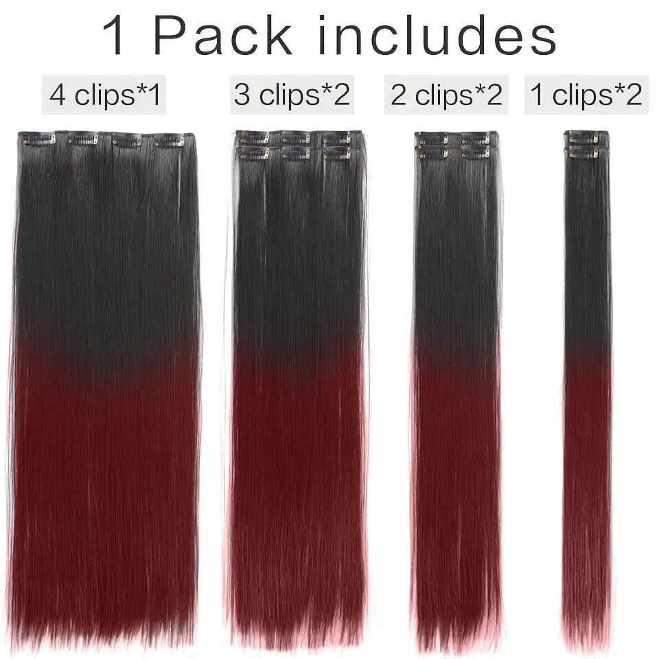 LUPU Synthetic Straight Clip in Hair Extension Black Red 24 Inch 7PCS Long Straight Hairpieces for Women Kids Girls Cosplay