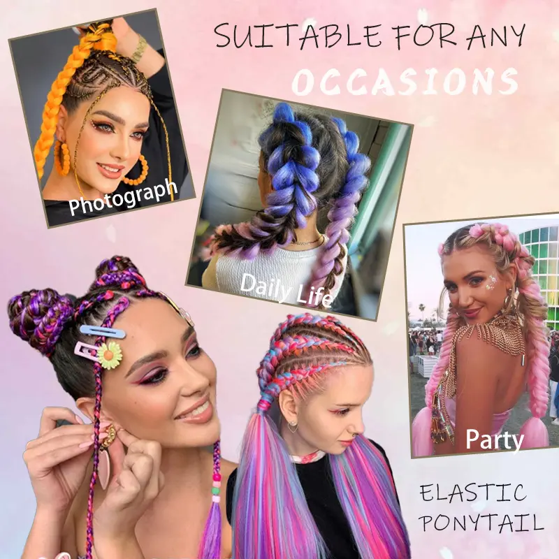 LUPU Synthetic Ponytail Extension with Elastic Tie Hair Band 26" Long Straight Colored Braiding Ponytail Ombre Pink Purple Blue
