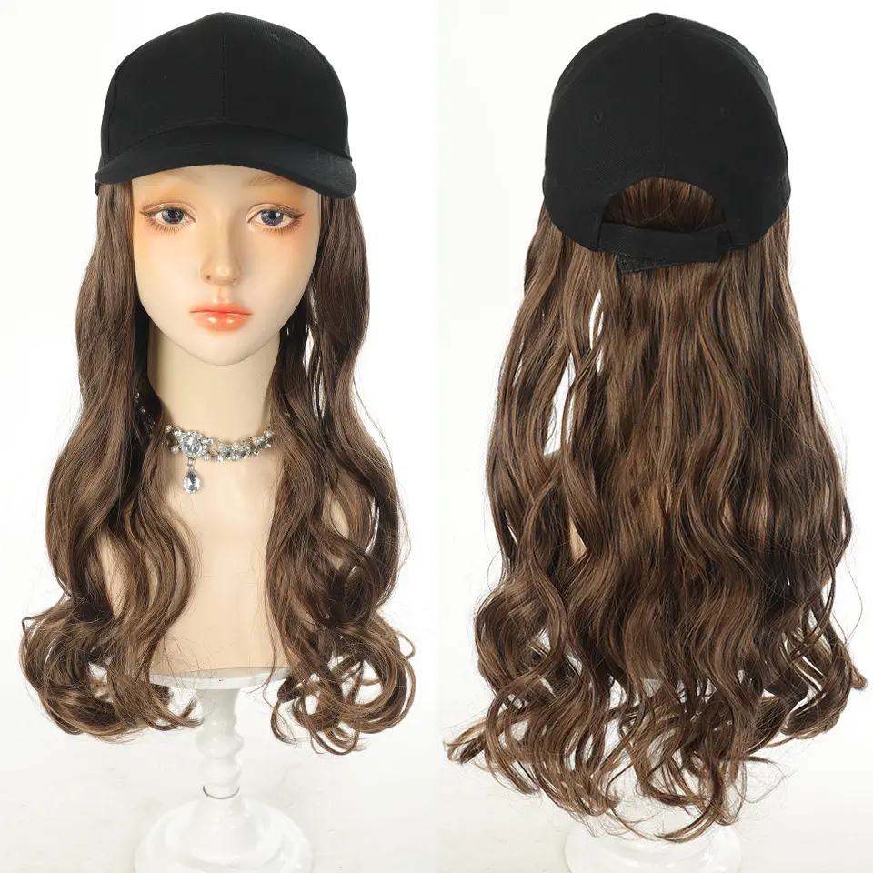 18 Inch Baseball Cap Wig Long Wavy Hair Extensions With Hat Heat Resistant Synthetic Fiber Hairpieces Adjustable Wig for Women