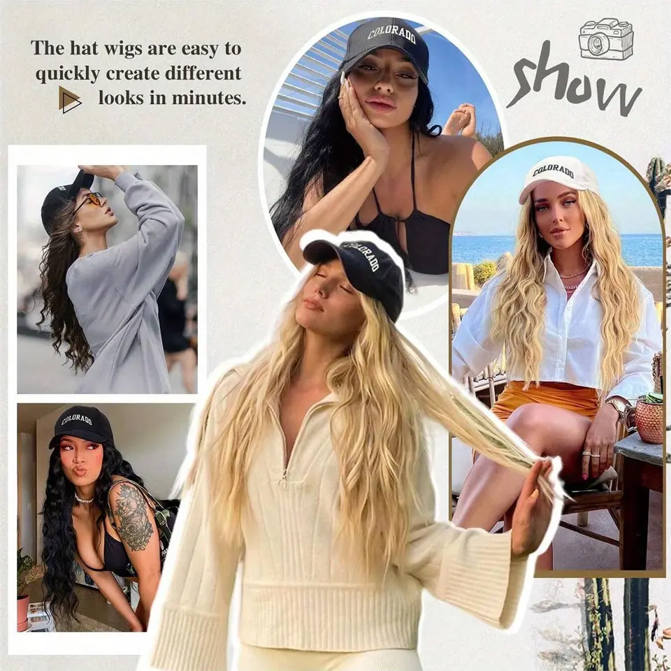 LUPU Synthetic wigs for women22 "baseball cap all-in-one long wavy wig, Perfect for Halloween, Parties, and Special Occasions