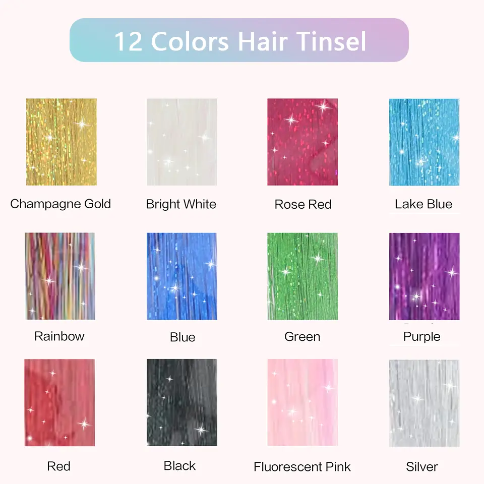 48 Inch Synthetic Hair Tinsel Kit With Tool 1200 strands Tinsel Hair Extensions 12 Colors Fairy Hair Tinsel Sparkling Shiny Hair