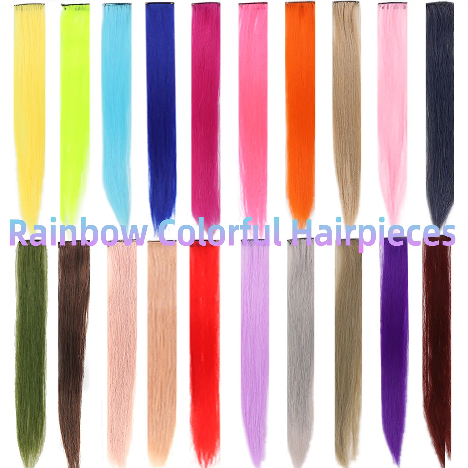 LUPU 22 Inch Colored Highlight Synthetic Hair Extensions Rainbow Long Straight Hairpieces for Women Kids Girls Purple Pink Blue