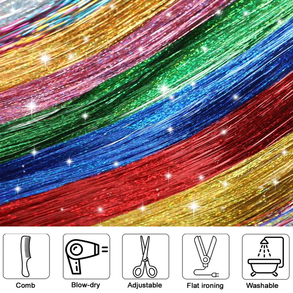 48 Inch Synthetic Hair Tinsel Kit With Tool 1200 strands Tinsel Hair Extensions 12 Colors Fairy Hair Tinsel Sparkling Shiny Hair
