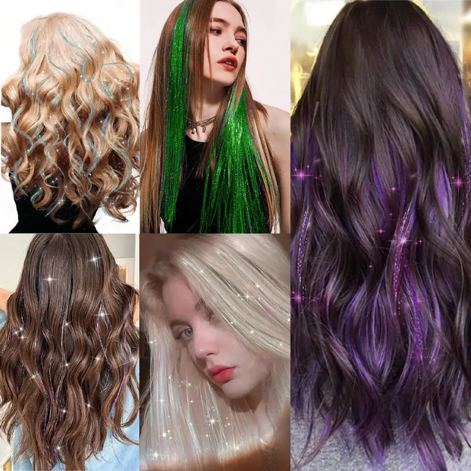 48 Inch Synthetic Hair Tinsel Kit With Tool 1200 strands Tinsel Hair Extensions 12 Colors Fairy Hair Tinsel Sparkling Shiny Hair