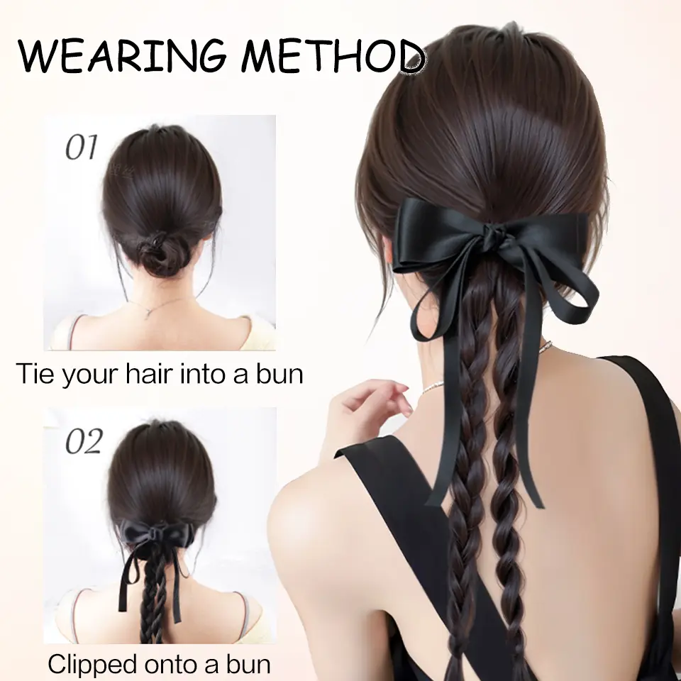 LUPU Synthetic 18 Inch Bow Claw Clip High Ponytail with Double Twist Long Braid Hair Accessories， New Style Ponytail Wig