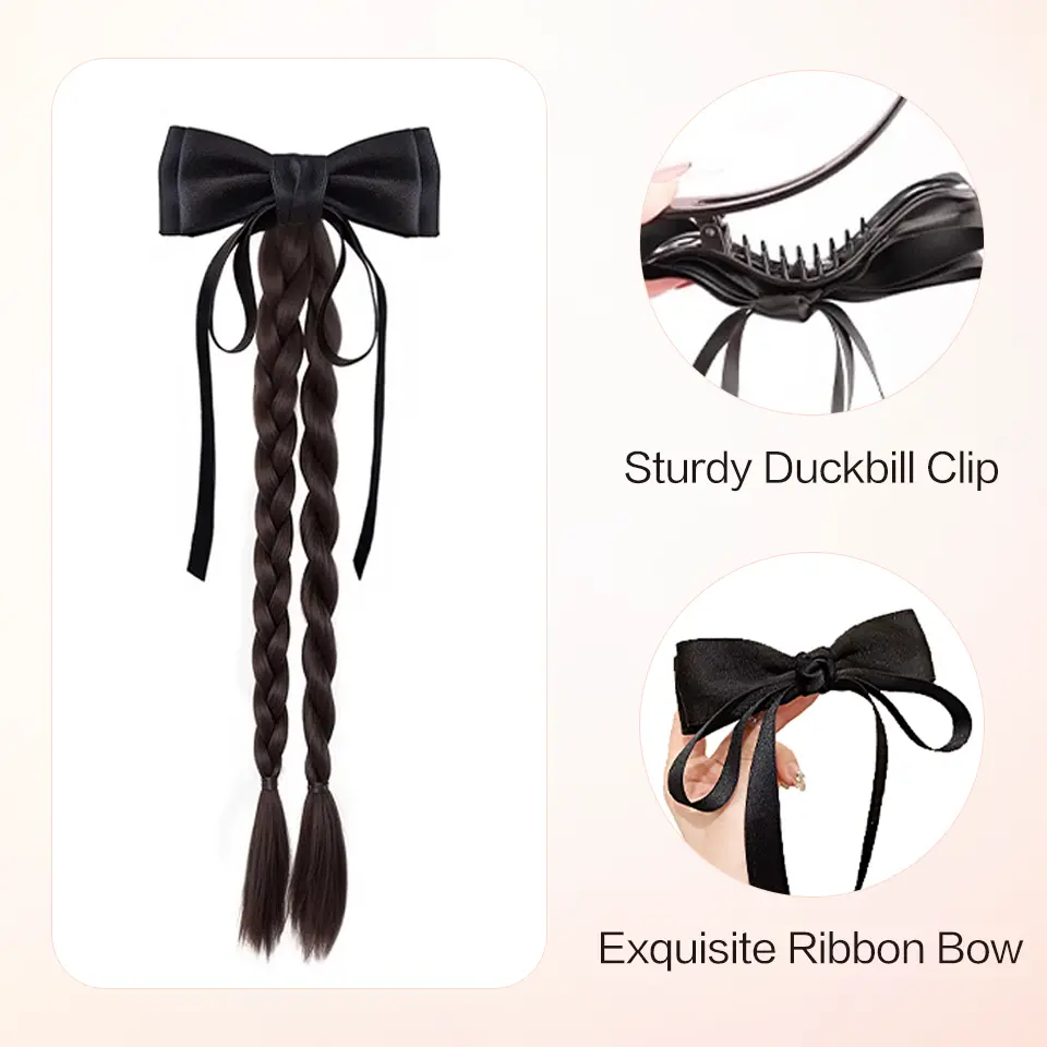 LUPU Synthetic 18 Inch Bow Claw Clip High Ponytail with Double Twist Long Braid Hair Accessories， New Style Ponytail Wig