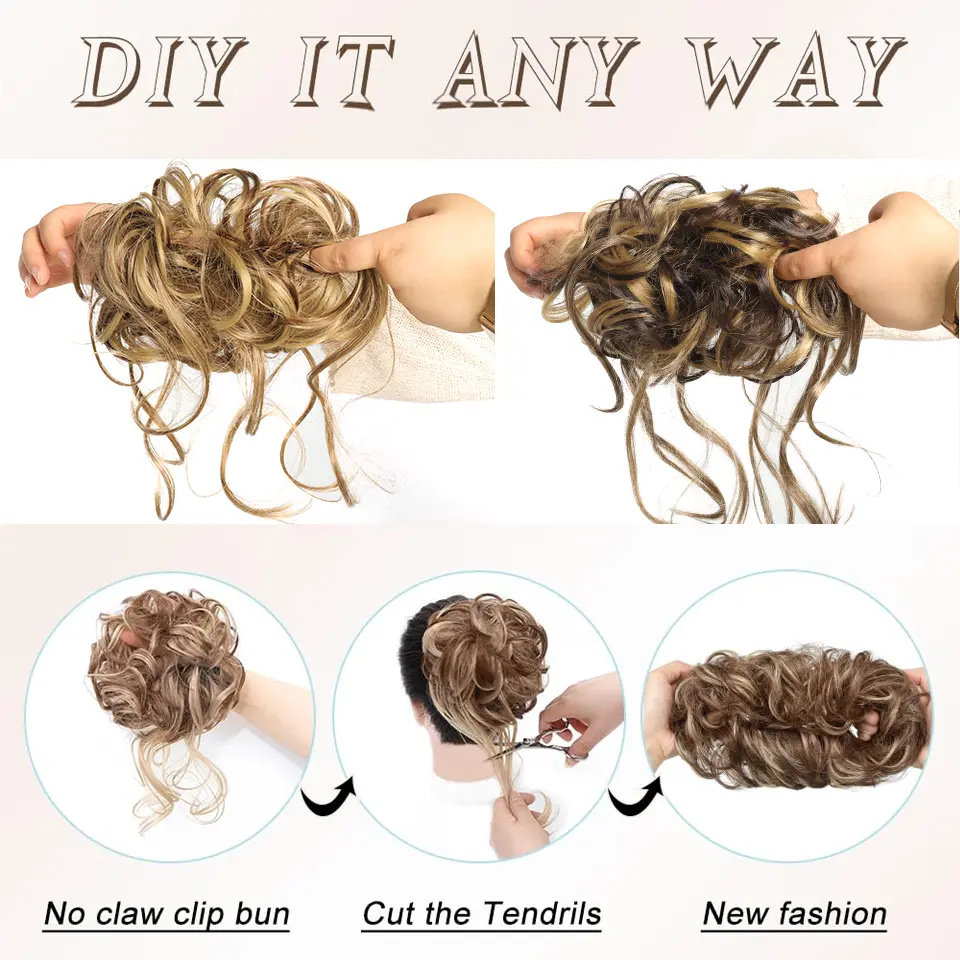 Synthetic Messy Bun Hair Piece Curly Hair Bun Extensions With Straight Tails Hair Scrunchies Ponytail Hairpieces For Women