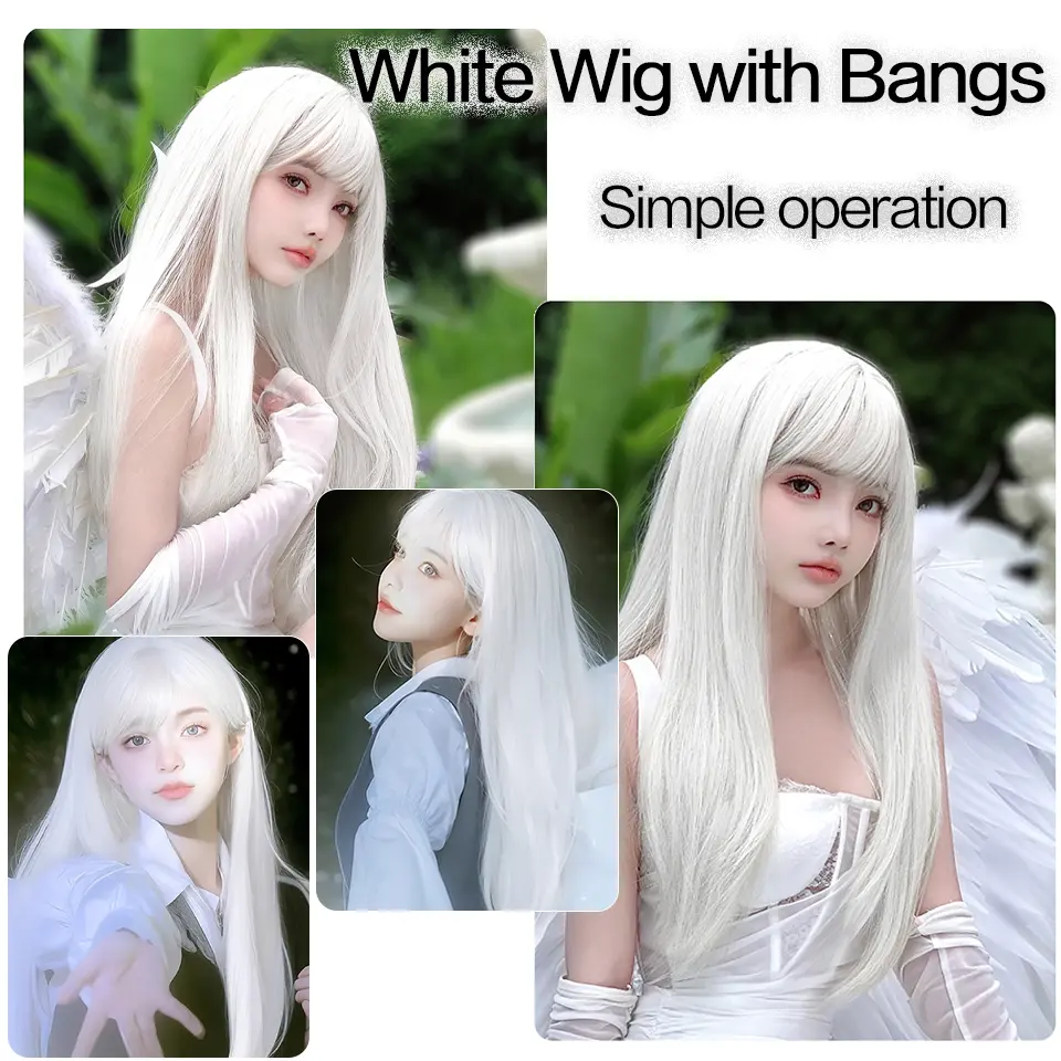 LUPU White Long Straight Wigs for Women with Bangs Natural Looking Synthetic Hair Wig for Halloween Cosplay Daily Use
