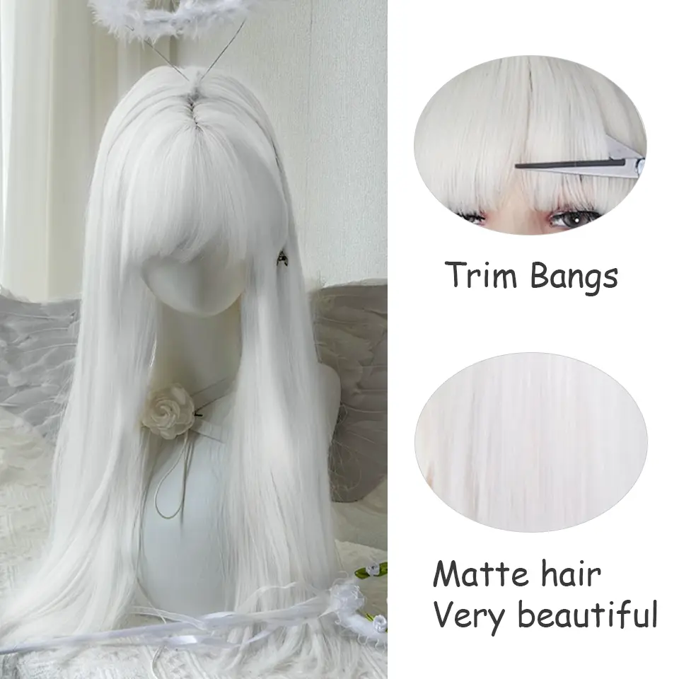 LUPU White Long Straight Wigs for Women with Bangs Natural Looking Synthetic Hair Wig for Halloween Cosplay Daily Use