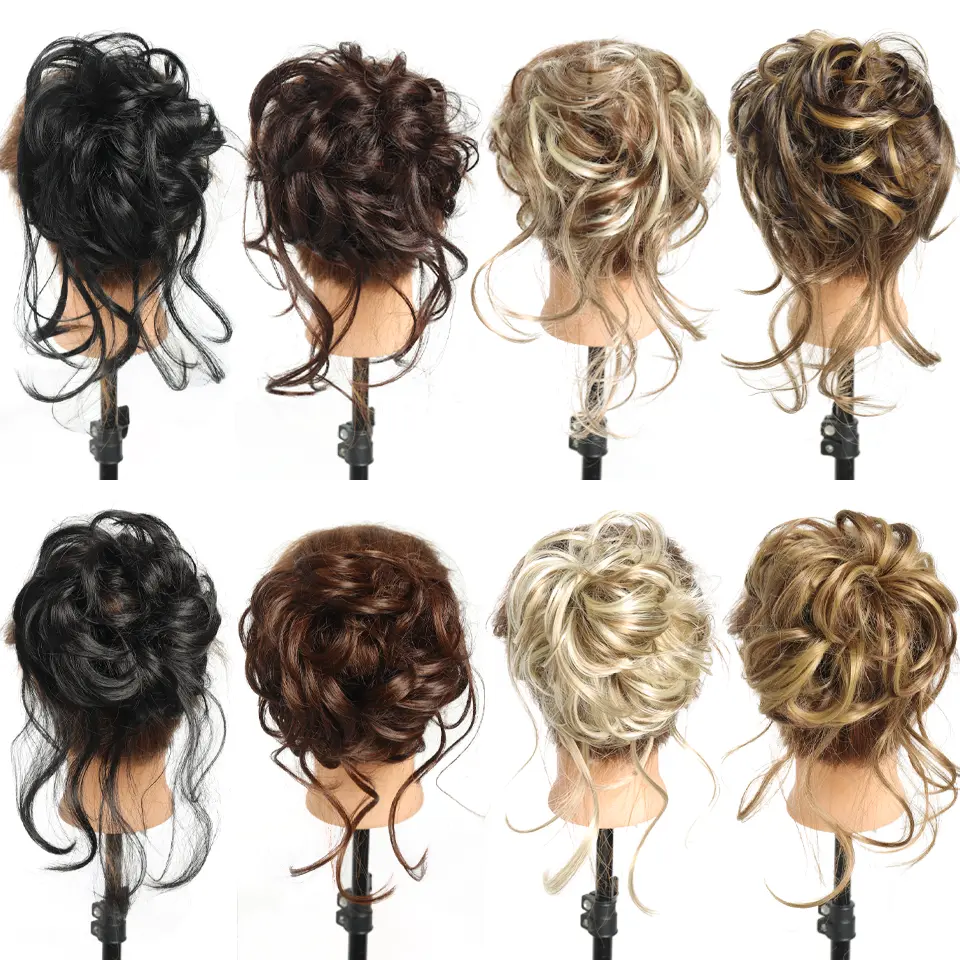 Synthetic Messy Bun Hair Piece Curly Hair Bun Extensions With Straight Tails Hair Scrunchies Ponytail Hairpieces For Women