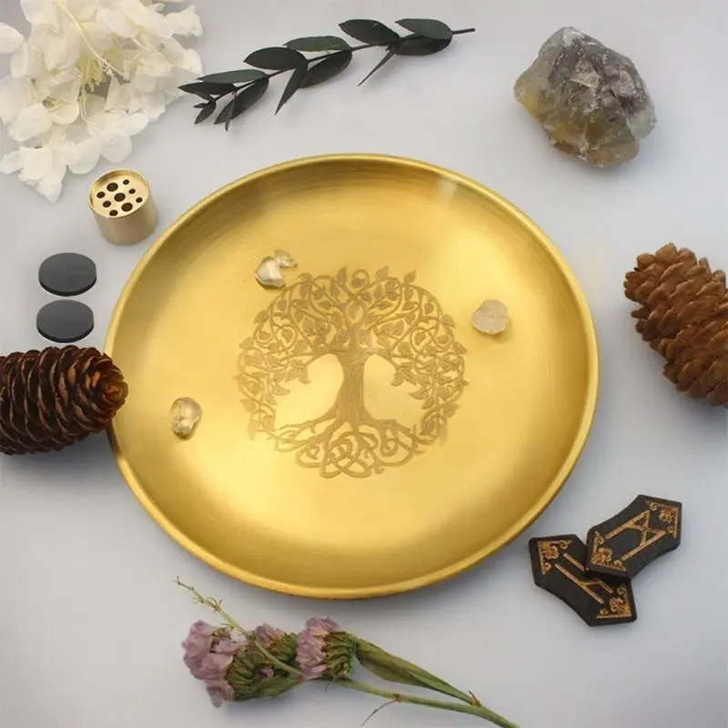 Pagans Ritual Tray Stainless Steel Altar Tree Pattern Plate Unique Table Decoration Holder Incenses Burners