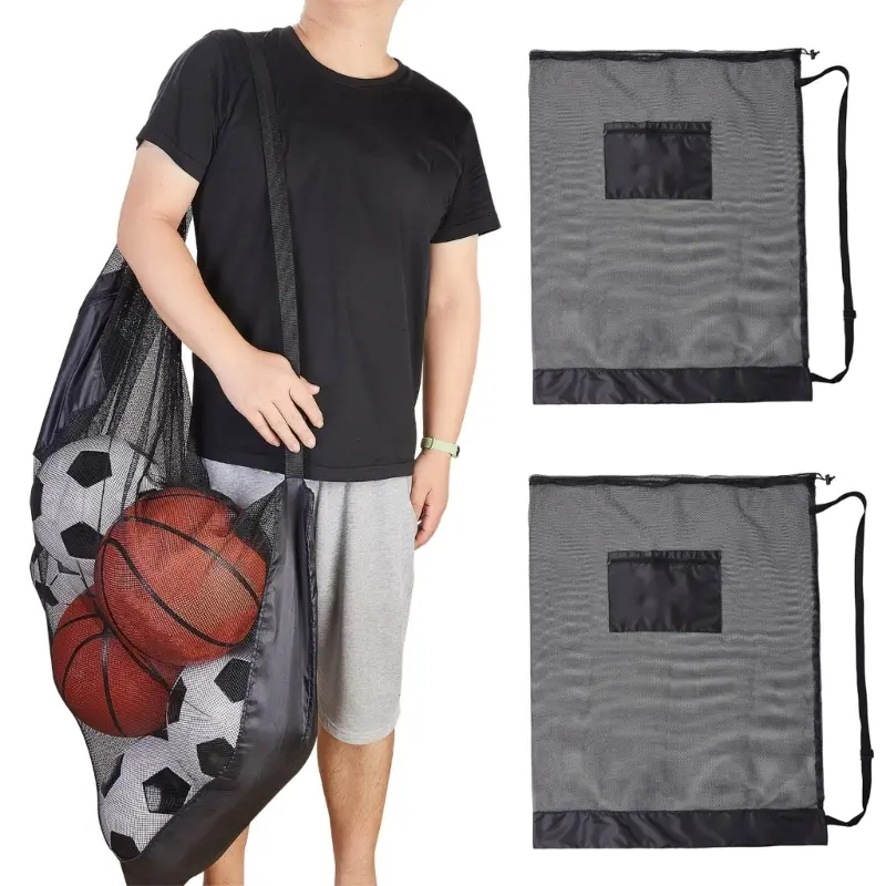 Mesh Soccer Ball Bag Extra Large Drawstring Basketball Storage Bag with Zipper Pocket Volleyball Football Net Pack Gym Bags