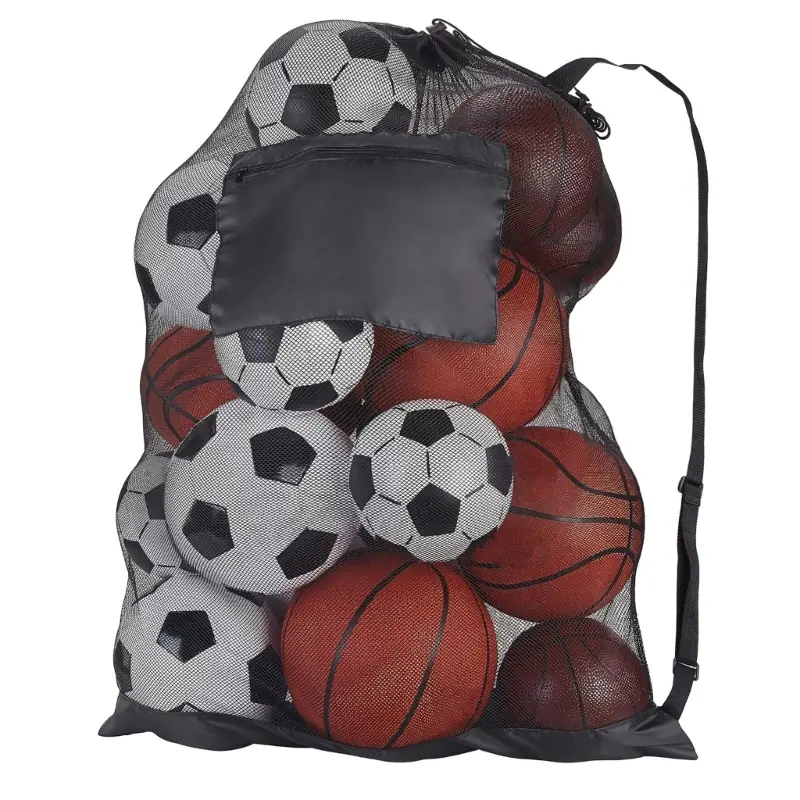Mesh Soccer Ball Bag Extra Large Drawstring Basketball Storage Bag with Zipper Pocket Volleyball Football Net Pack Gym Bags