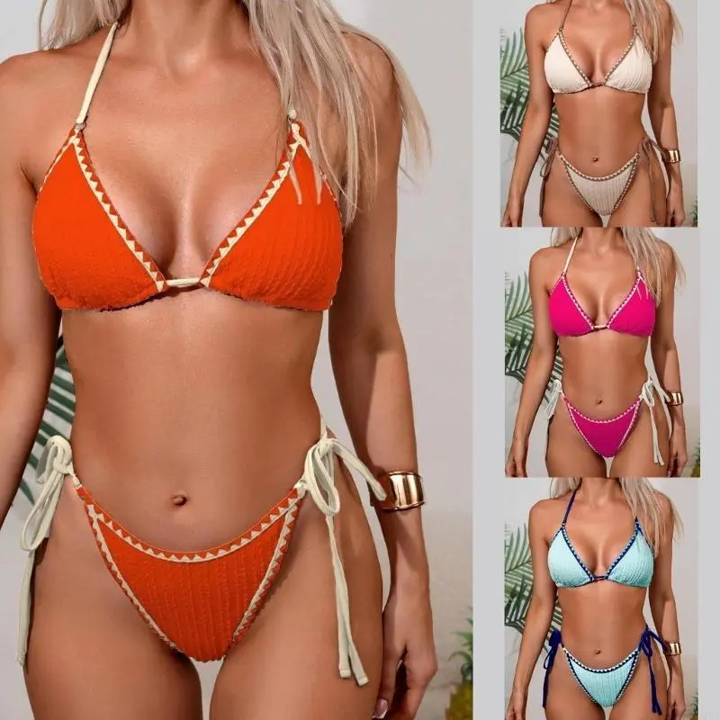 Women Triangular Halterneck Push Up Bathing Suit Low Waist String Swimsuit Set