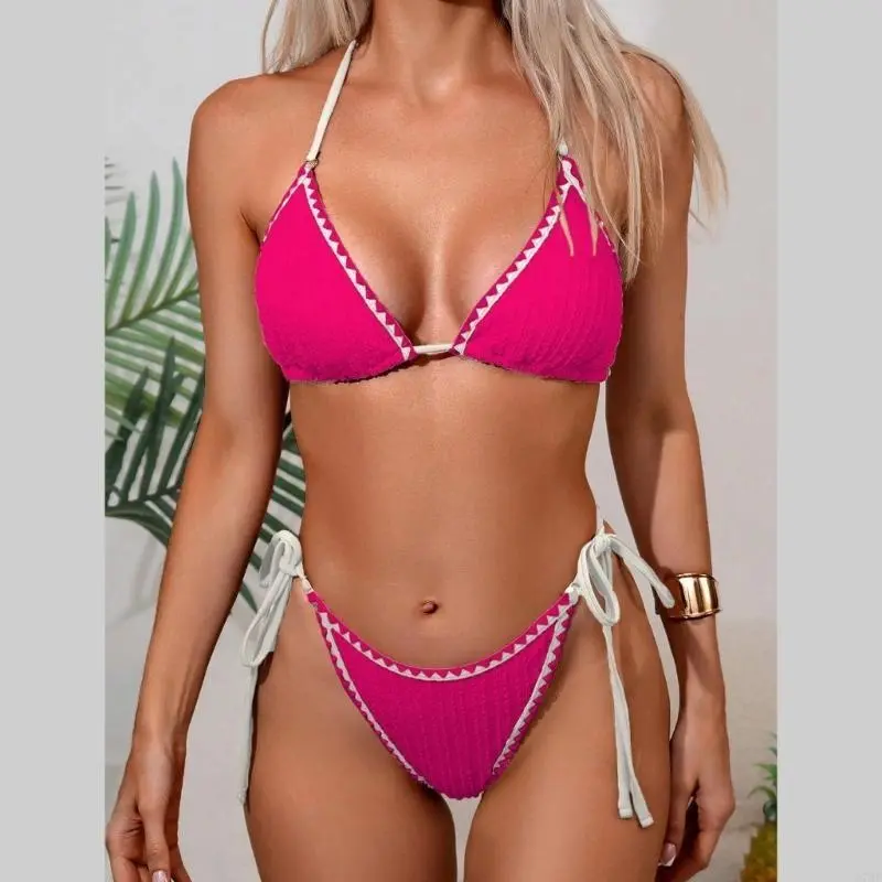 Women Triangular Halterneck Push Up Bathing Suit Low Waist String Swimsuit Set
