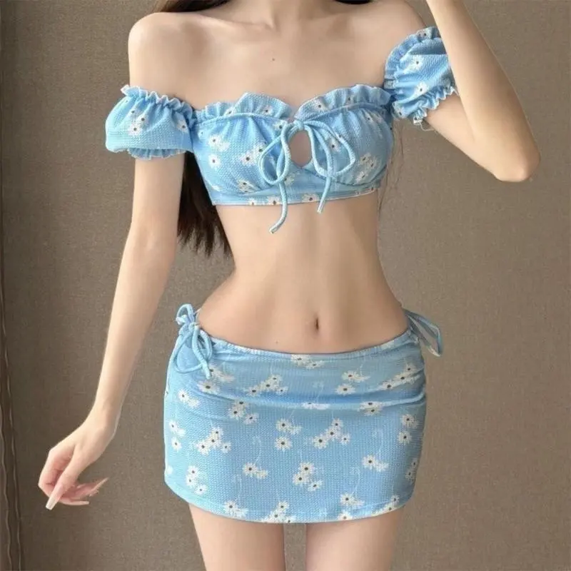 Women Hollows Out Swimsuit Female Push Up Swimwears 3 Pcs Split Bathing Suit with Beach Coverup Swimming Costume Set