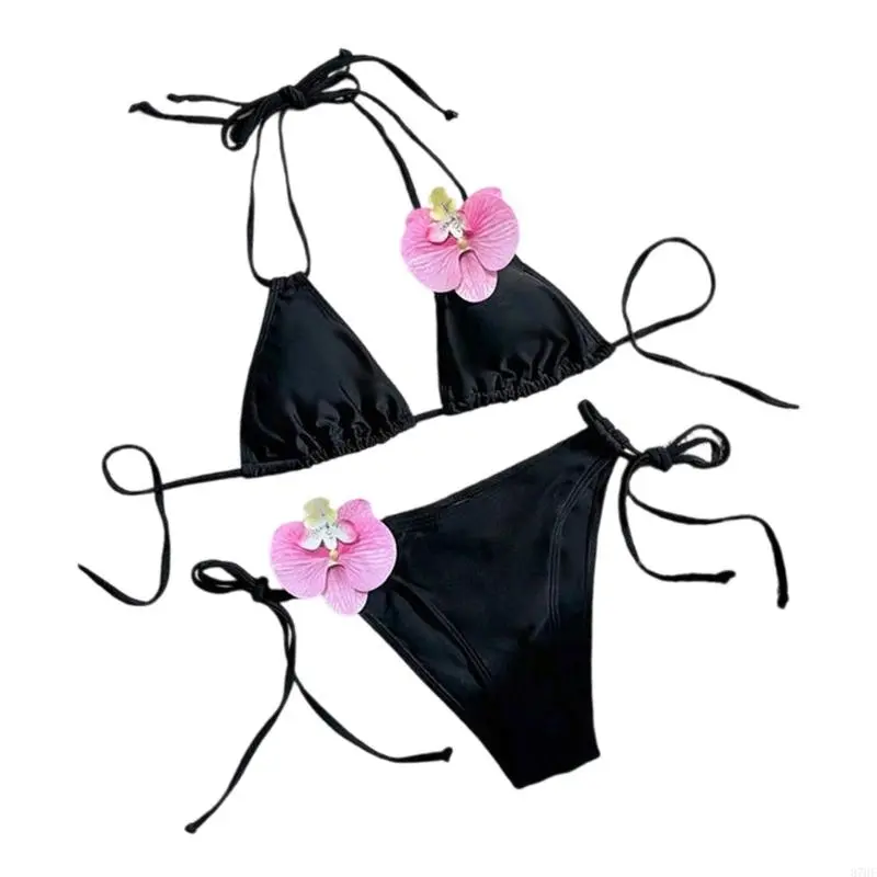 Women 3D Flower Swimwear Two Pcs Bathing Suit Push Up Backless Swimsuit