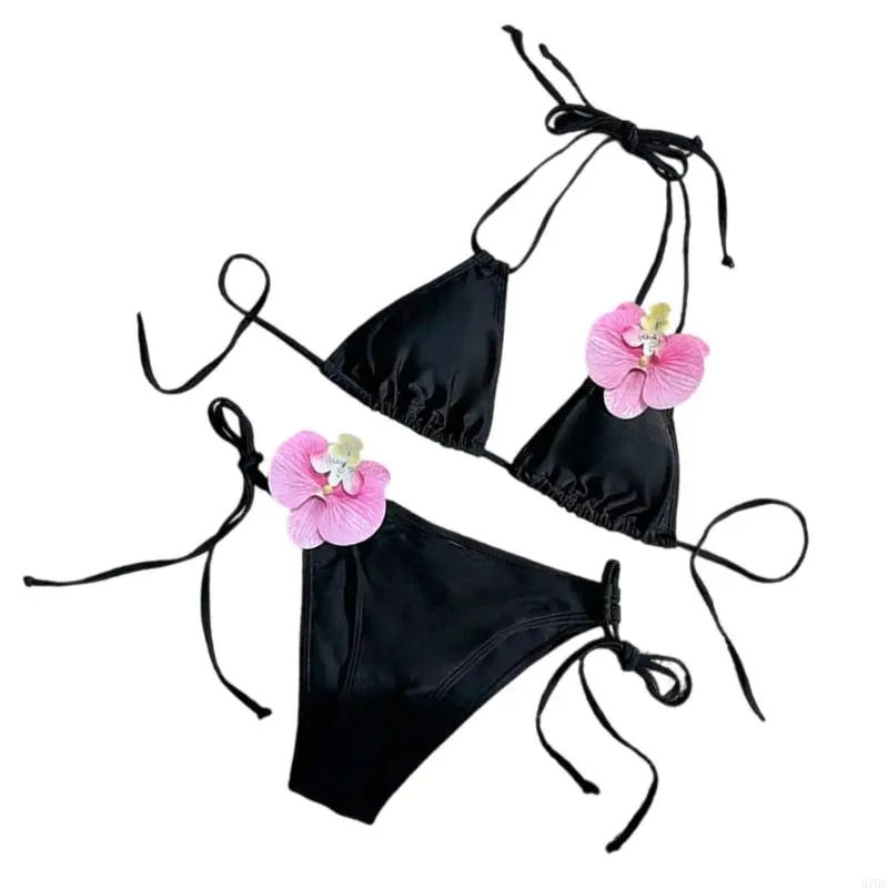 Women 3D Flower Swimwear Two Pcs Bathing Suit Push Up Backless Swimsuit