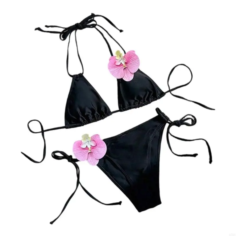 Women 3D Flower Swimwear Two Pcs Bathing Suit Push Up Backless Swimsuit