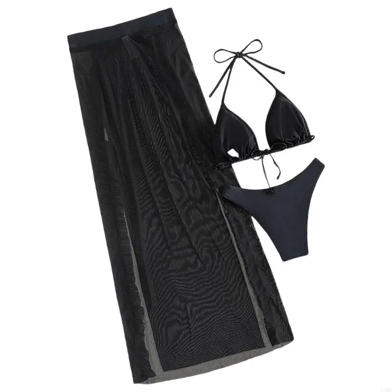 Women Backless Swimwear Push Up Bathing Suit 3 Pcs Swimsuit with Beach Skirt