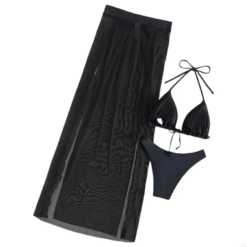 Women Backless Swimwear Push Up Bathing Suit 3 Pcs Swimsuit with Beach Skirt