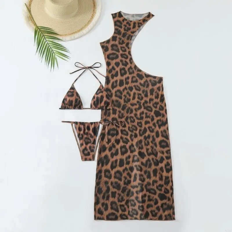3 Piece Set Swimsuit Hip Hugging Dress Split Wear Cool Girls Leopard Beachwear