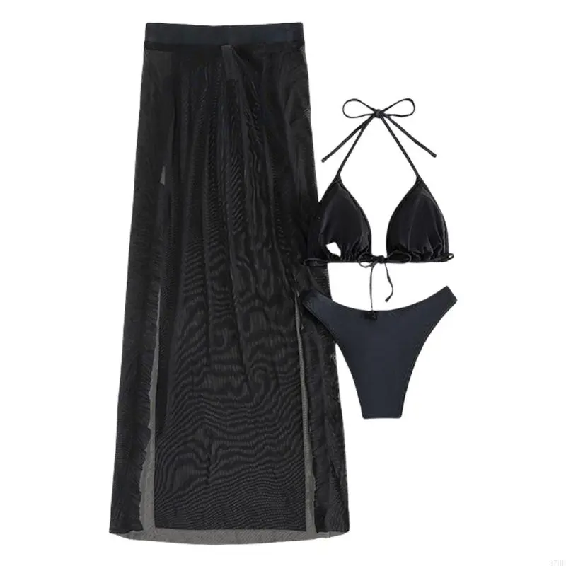 Women Backless Swimwear Push Up Bathing Suit 3 Pcs Swimsuit with Beach Skirt