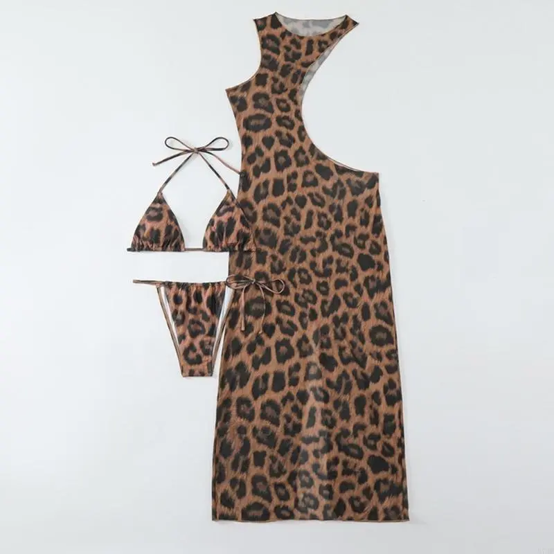 3 Piece Set Swimsuit Hip Hugging Dress Split Wear Cool Girls Leopard Beachwear