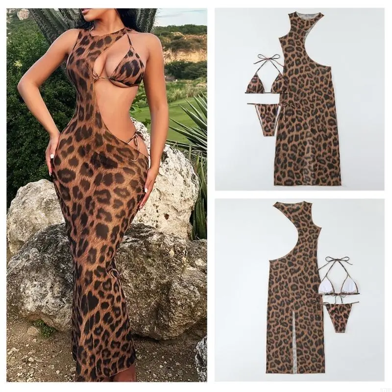 3 Piece Set Swimsuit Hip Hugging Dress Split Wear Cool Girls Leopard Beachwear