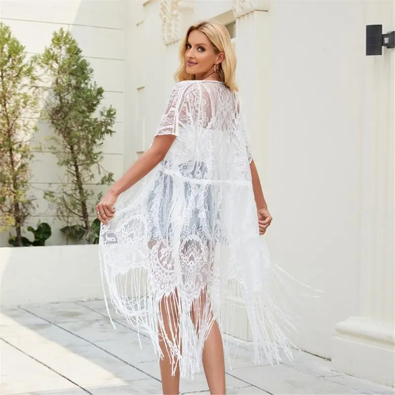 Fringed Swimwear Coverup Dress Casual Beach Holiday Outfit Cardigan Solid