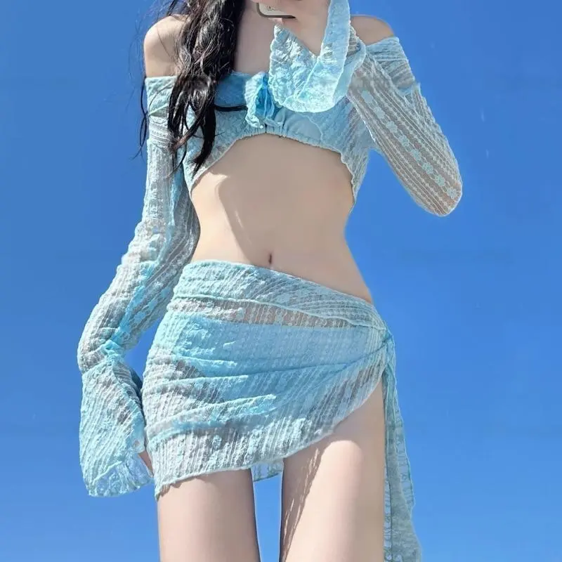 Women Two Piece Swimwears Halterneck Triangular Swimsuit Set with Beach Coverup
