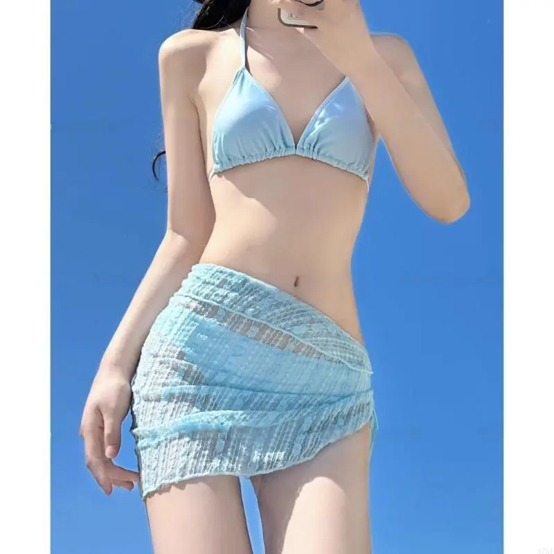 Women Two Piece Swimwears Halterneck Triangular Swimsuit Set with Beach Coverup