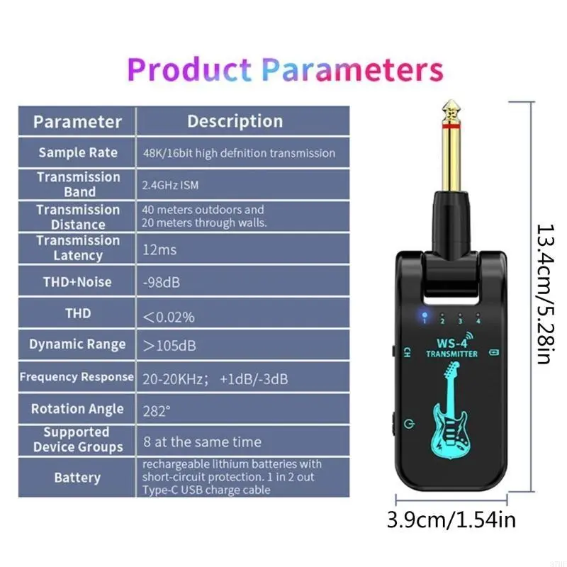 2.4GHz Wireless Guitar System Transmitters Receiver 8 Channels Transmission